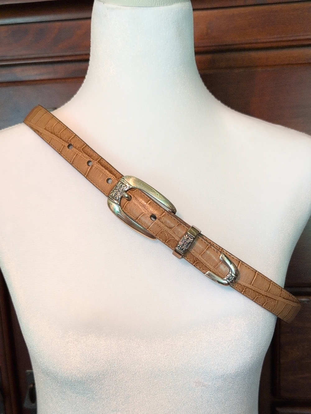 Croco Tan Croc-Embossed Leather Belt with Silver Buckle.